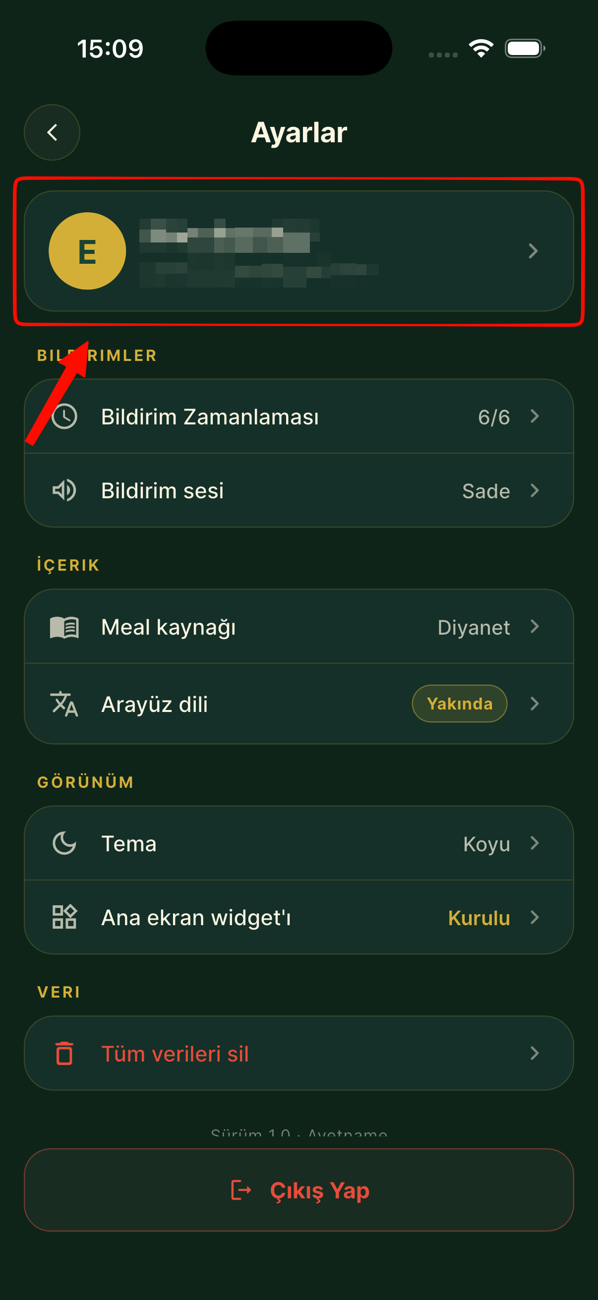Adım 2: Ayarlar ekranında hesap kartına dokunma