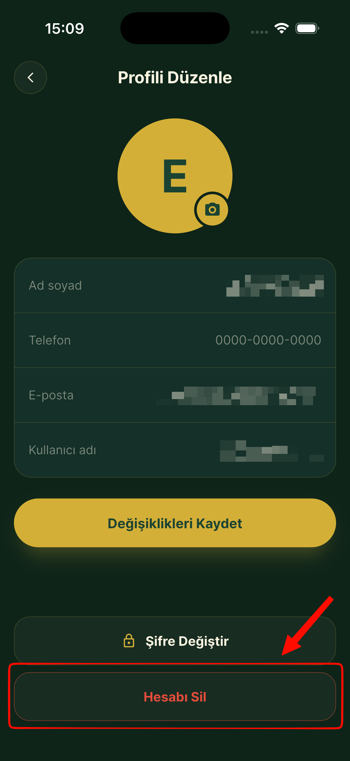 Adım 3: Profili Düzenle ekranında Hesabı Sil butonuna dokunma